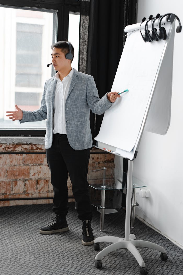 services-03 Engaging business presentation by a call center agent using a flip chart, indoors.